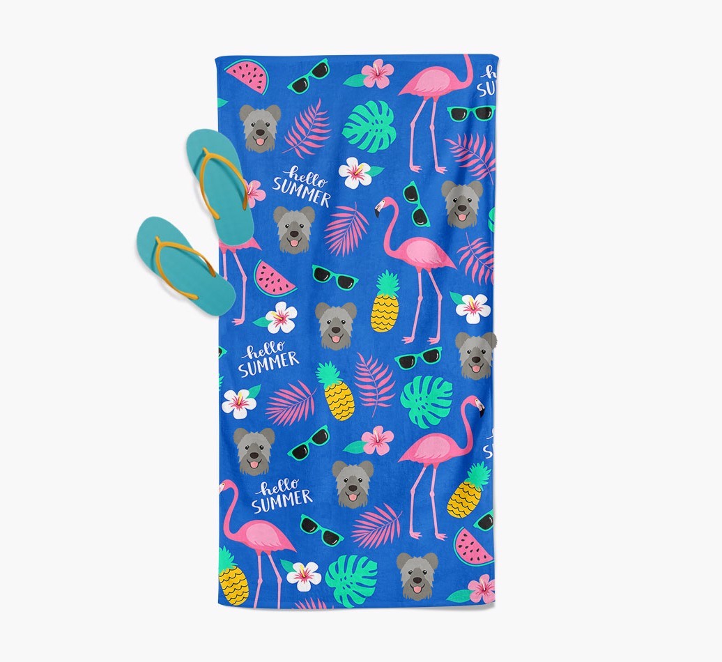 Summer Flamingo and {breedFullName} Icon Pattern Pool Towel
