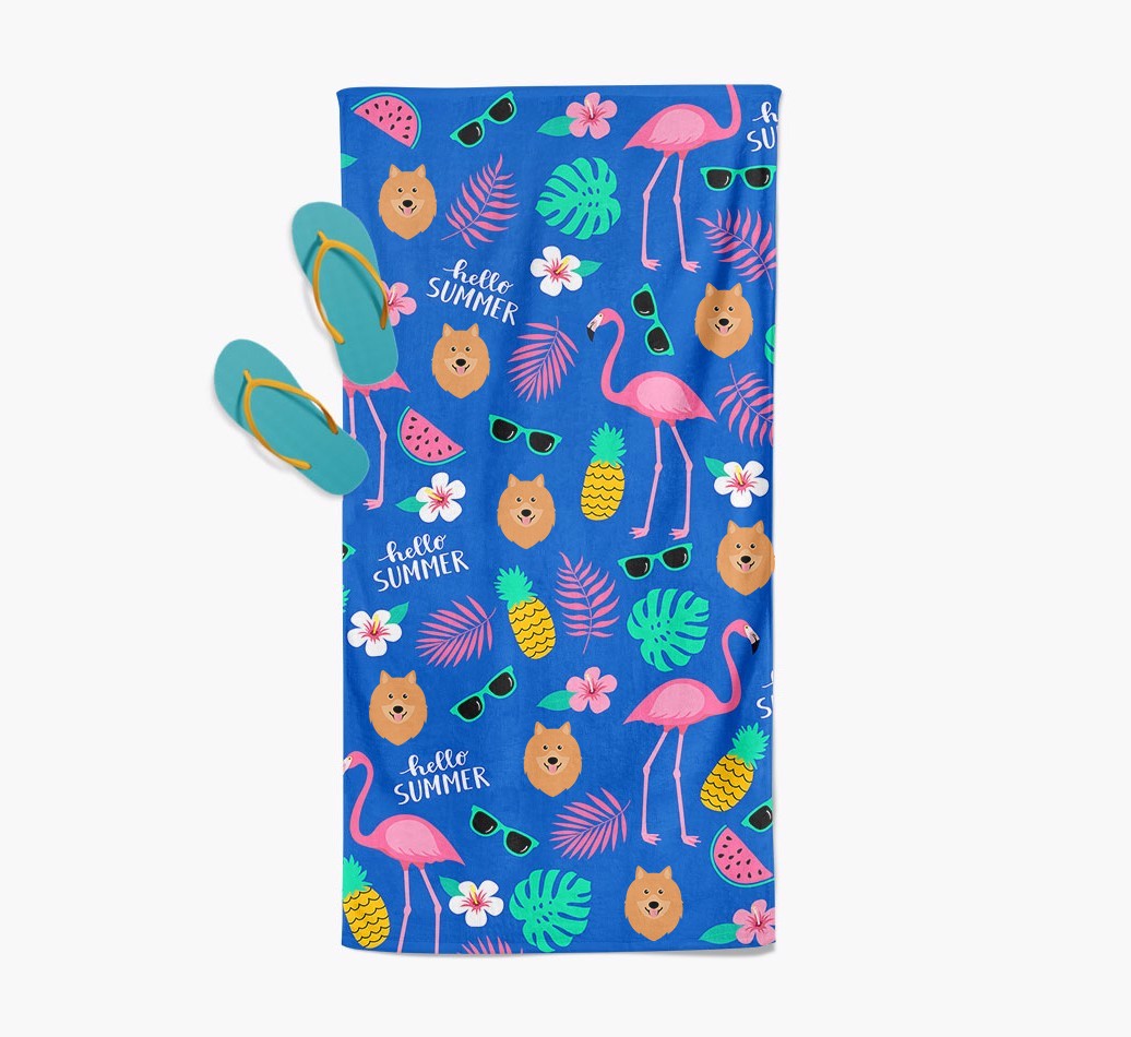 Summer Flamingo and {breedFullName} Icon Pattern Pool Towel