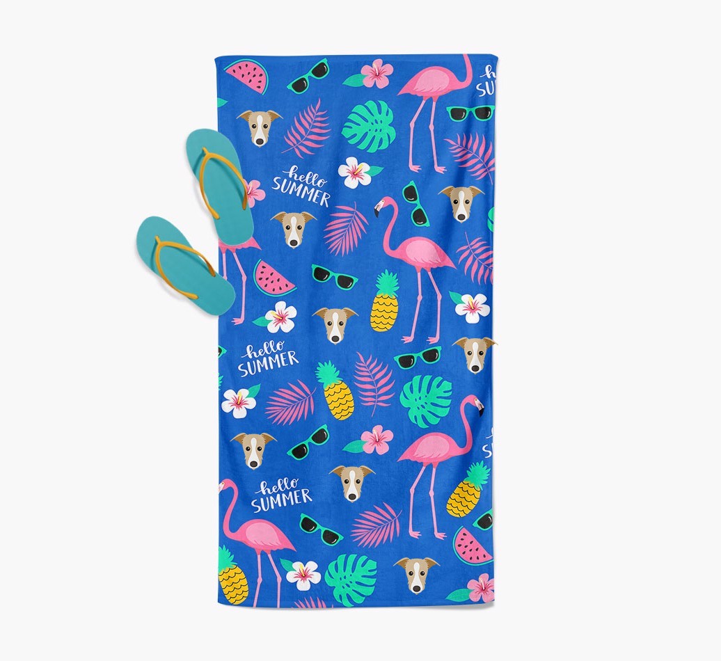 Summer Flamingo and {breedFullName} Icon Pattern Pool Towel
