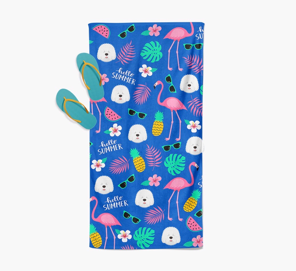 Summer Flamingo and {breedFullName} Icon Pattern Pool Towel