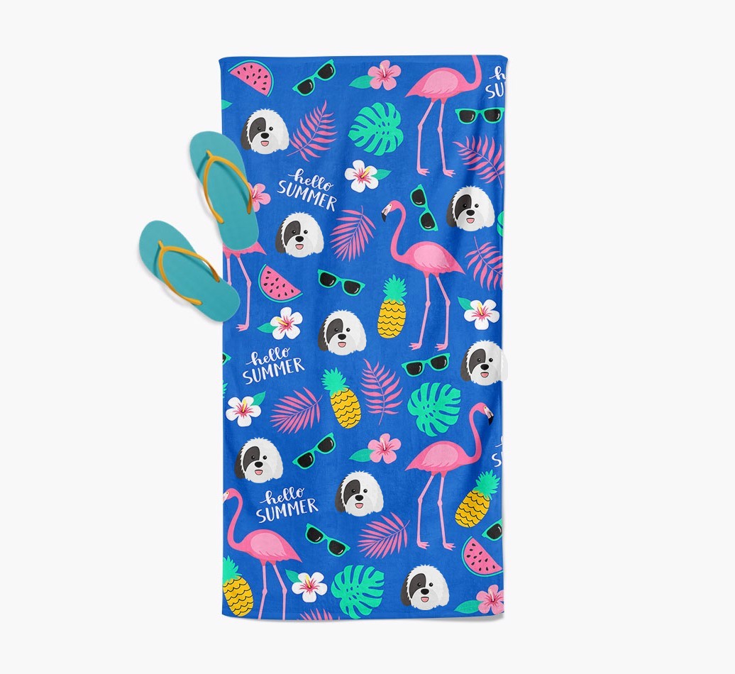 Summer Flamingo and {breedFullName} Icon Pattern Pool Towel