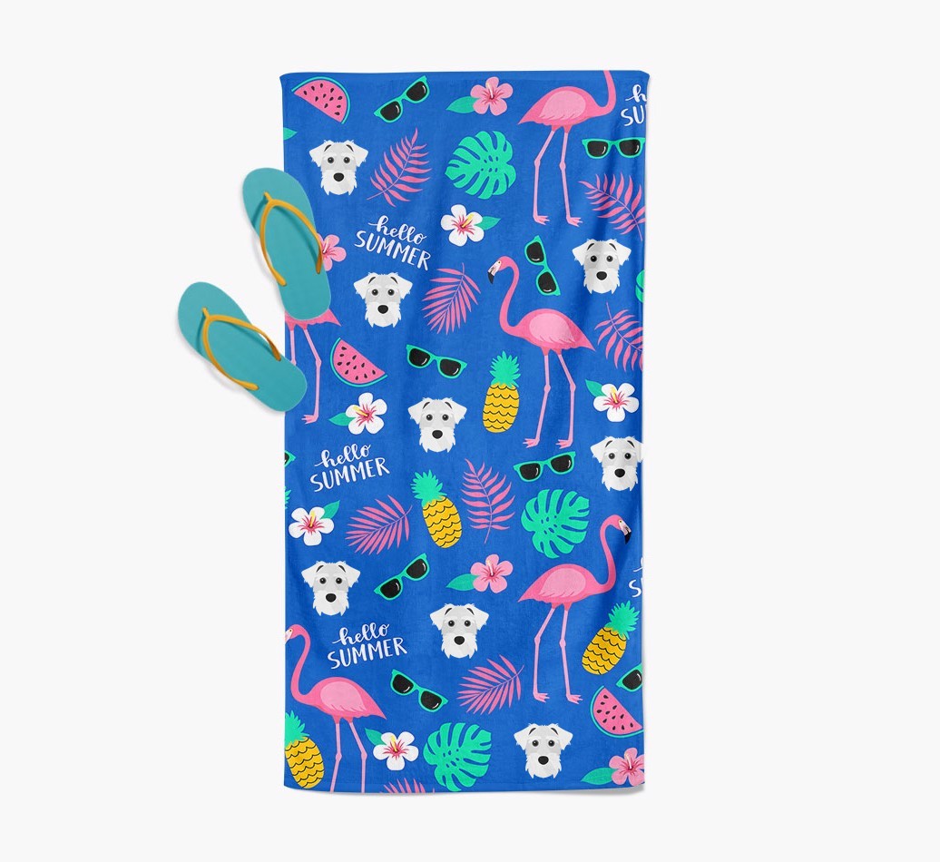 Summer Flamingo and {breedFullName} Icon Pattern Pool Towel