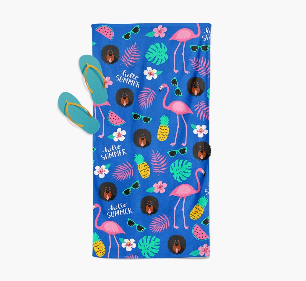 Summer Flamingo and {breedFullName} Icon Pattern Pool Towel