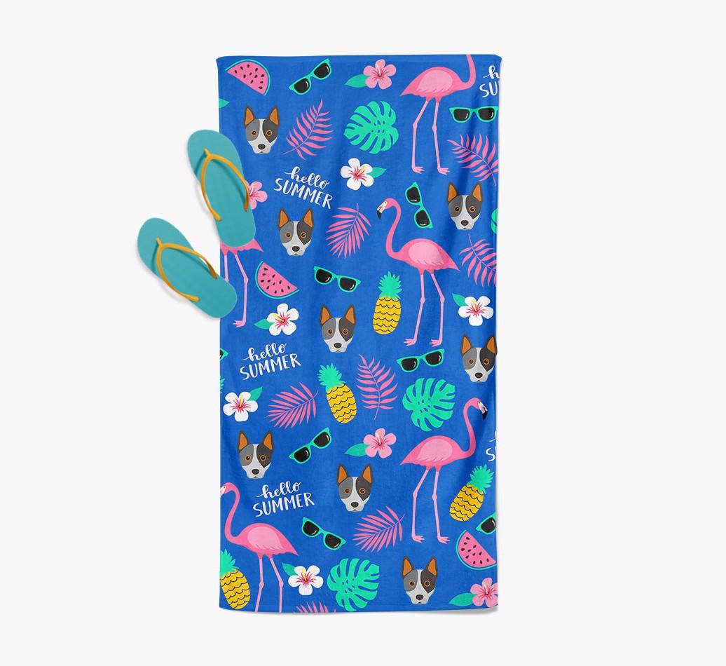 Summer Flamingo and {breedFullName} Icon Pattern Pool Towel