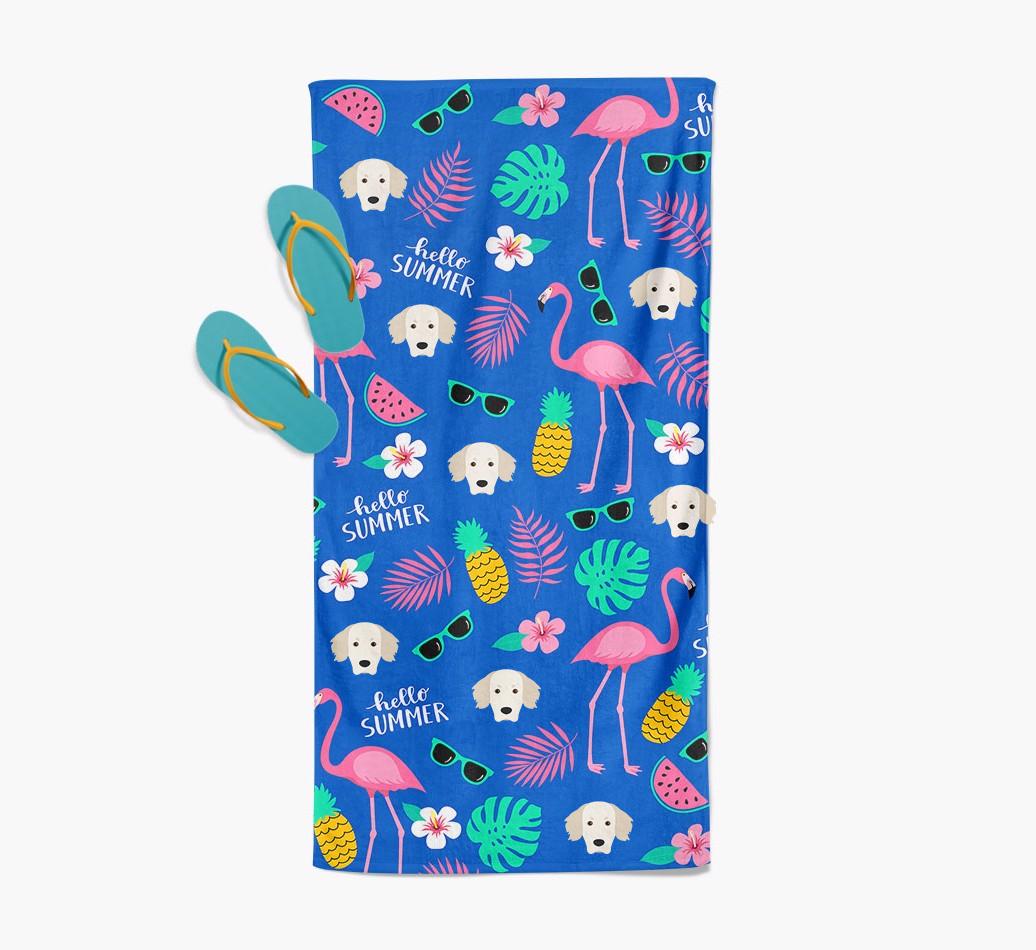 Summer Flamingo and {breedFullName} Icon Pattern Pool Towel
