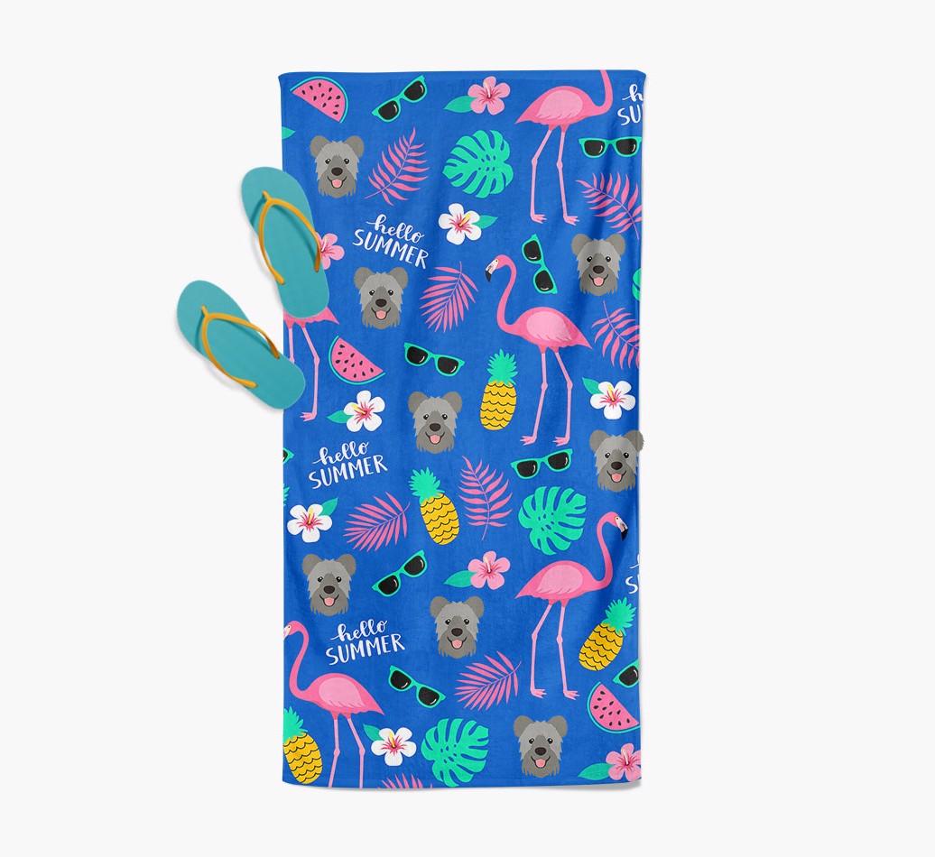 Summer Flamingo and {breedFullName} Icon Pattern Pool Towel