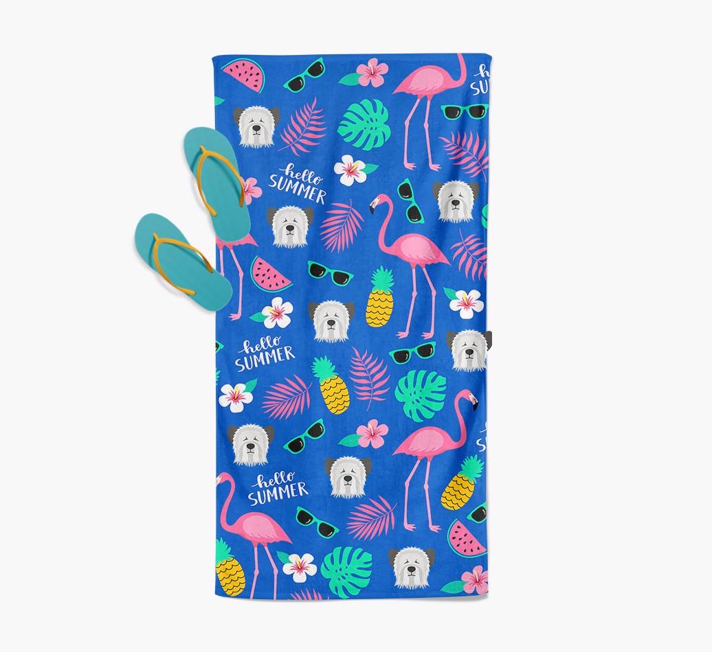 Summer Flamingo and {breedFullName} Icon Pattern Pool Towel