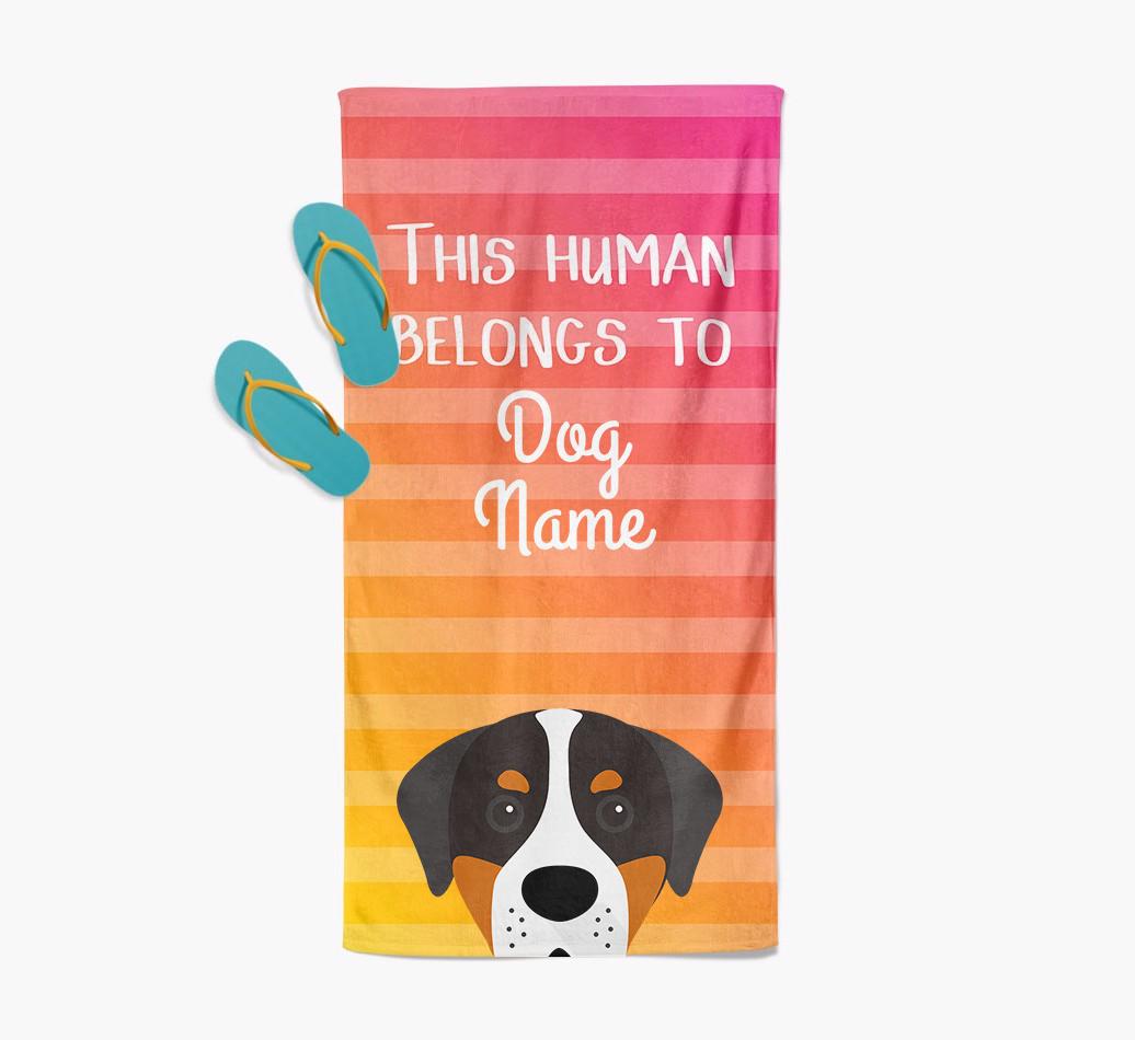 Personalised Pool Towel 'This Human Belongs To {dogsName}' with {breedFullName} Icon