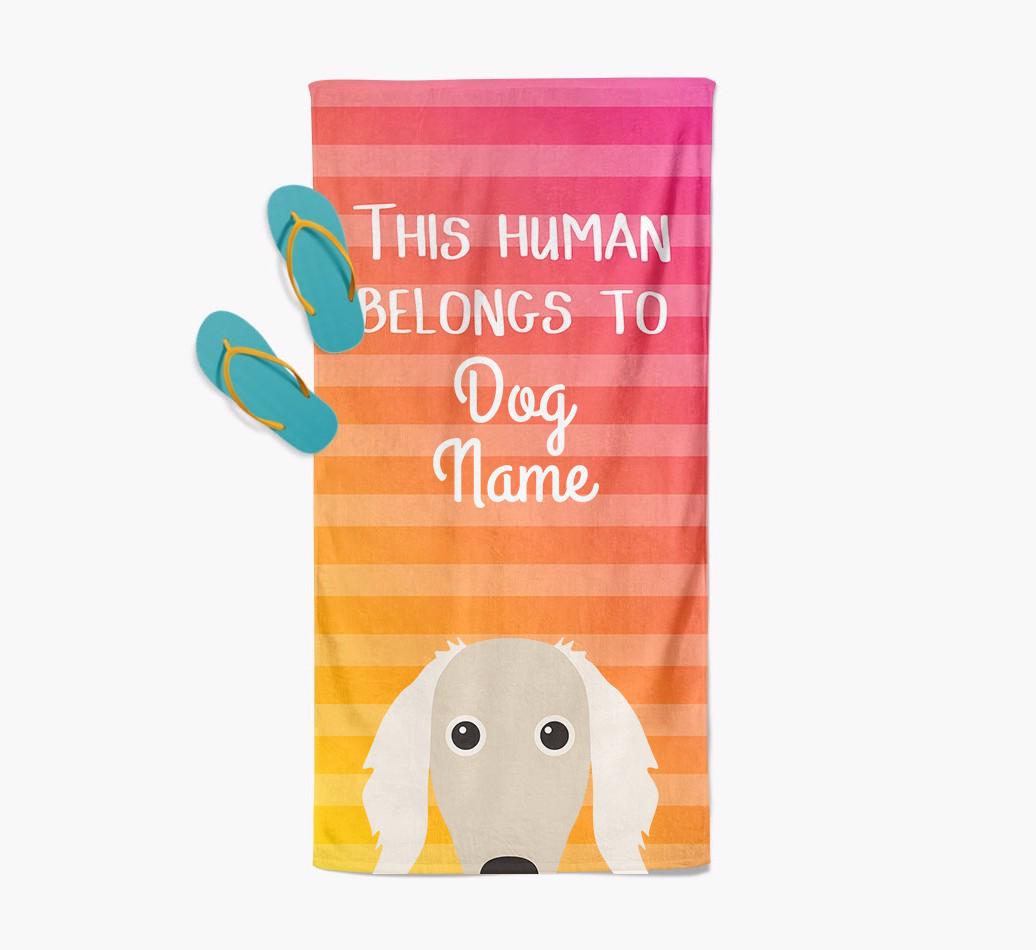 Personalised Pool Towel 'This Human Belongs To {dogsName}' with {breedFullName} Icon