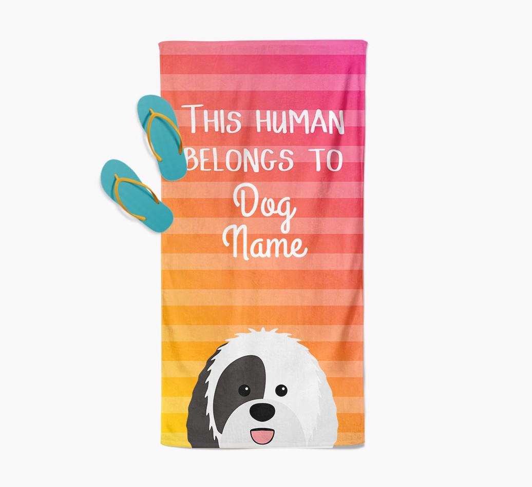 Personalised Pool Towel 'This Human Belongs To {dogsName}' with {breedFullName} Icon