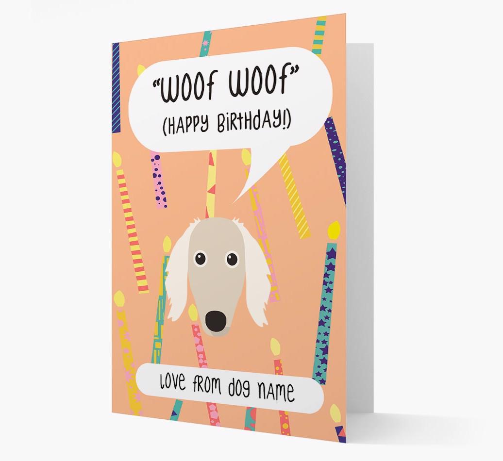 Personalized 'Woof Woof' Birthday Card with {breedFullName} Icon