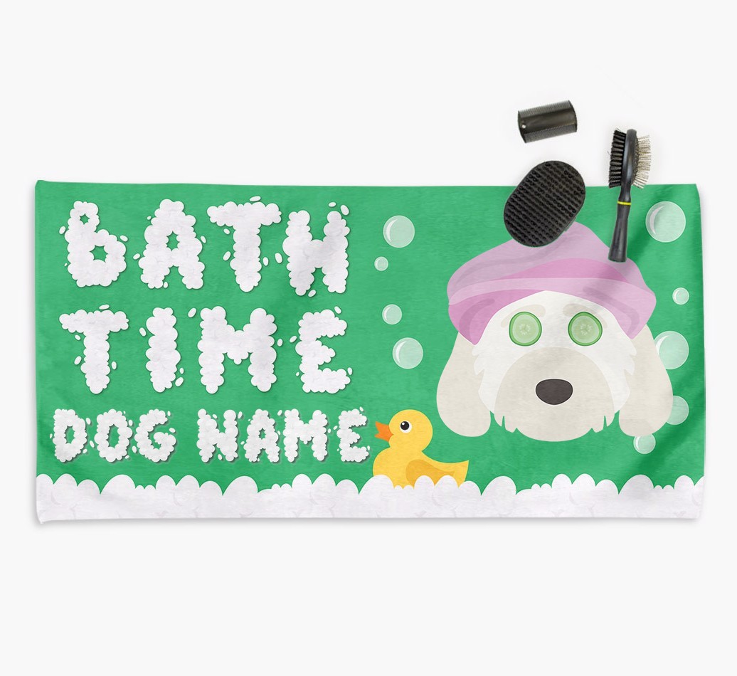 'Bubble Bath Time' Personalised Dog Towel for your {breedCommonName}