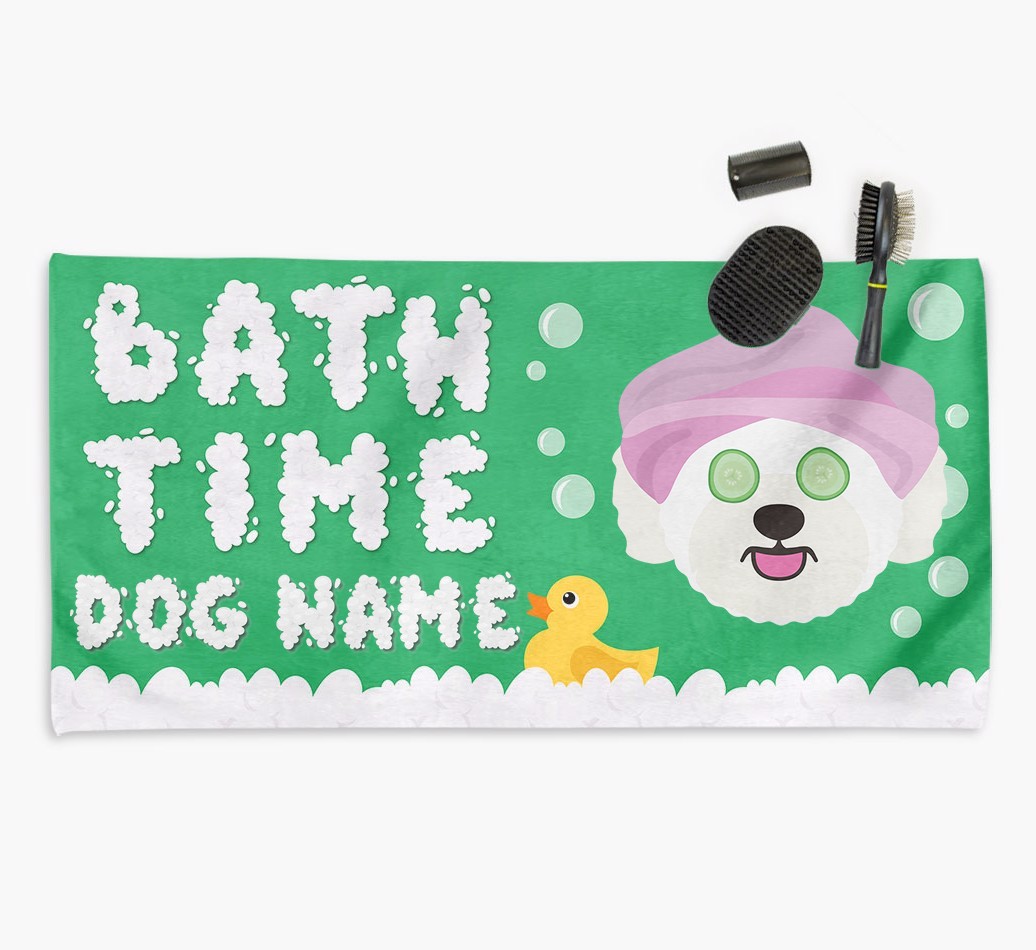 'Bubble Bath Time' Personalised Dog Towel for your {breedCommonName}