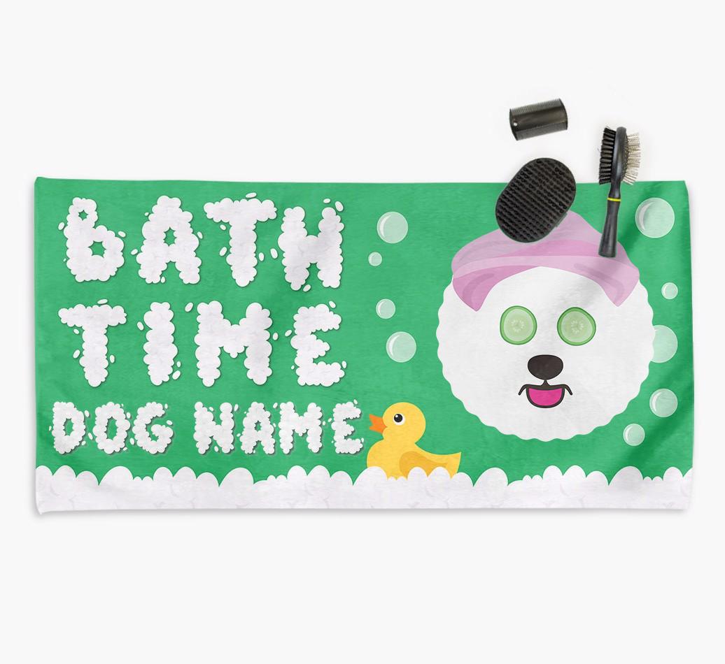 'Bubble Bath Time' Personalised Dog Towel for your {breedCommonName}