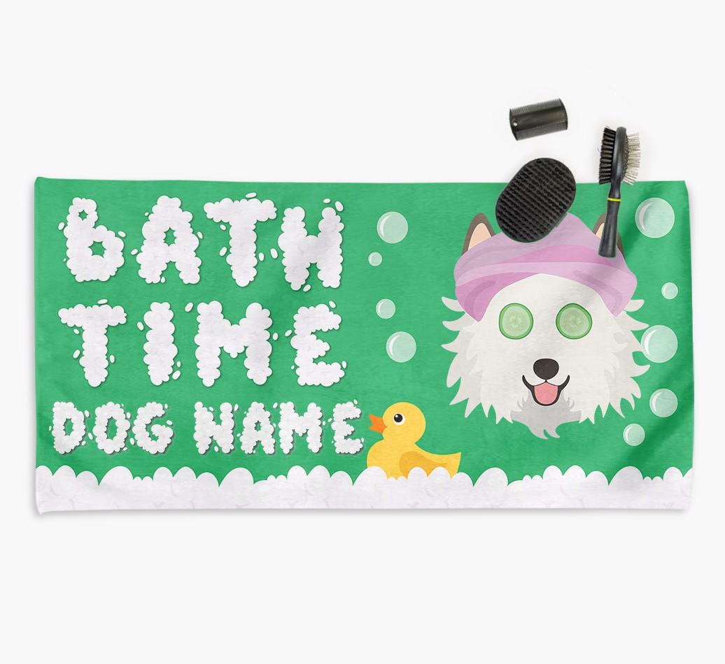 'Bubble Bath Time' Personalised Dog Towel for your {breedCommonName}