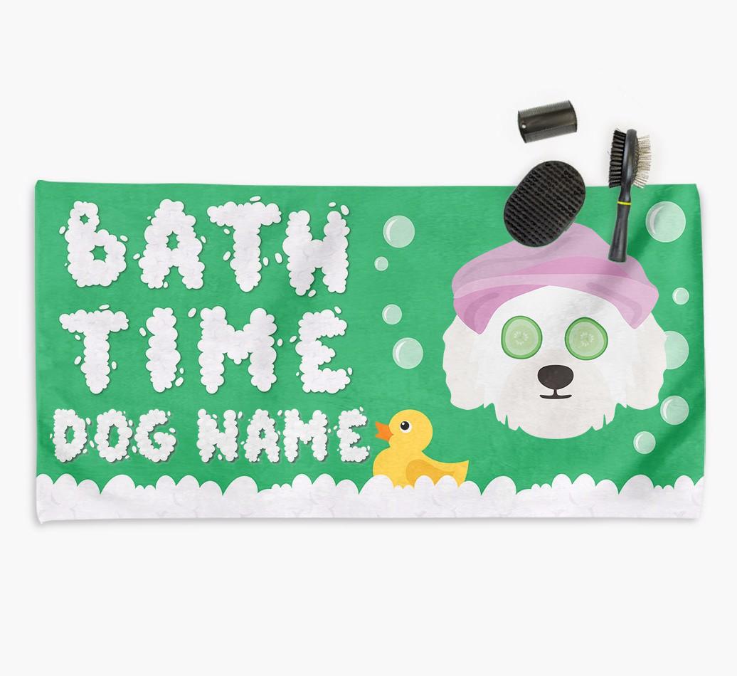 'Bubble Bath Time' Personalised Dog Towel for your {breedCommonName}