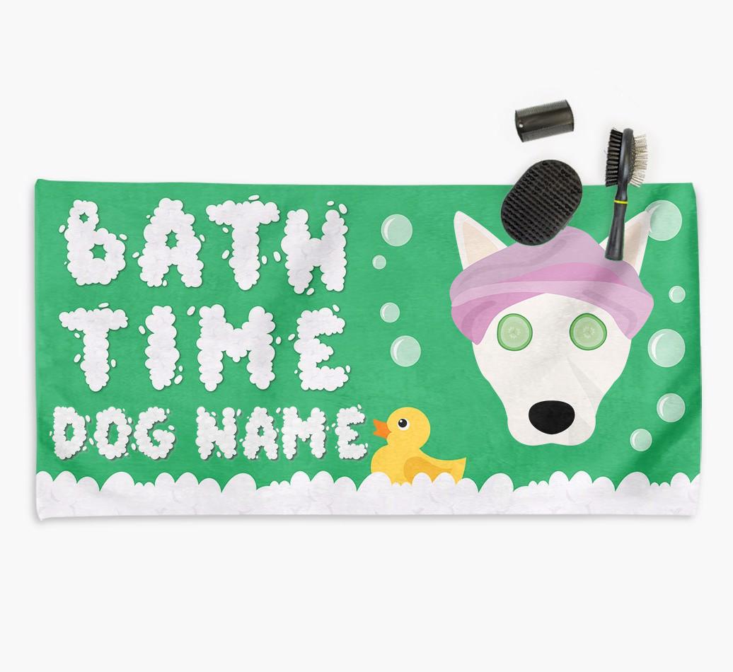 'Bubble Bath Time' Personalised Dog Towel for your {breedCommonName}