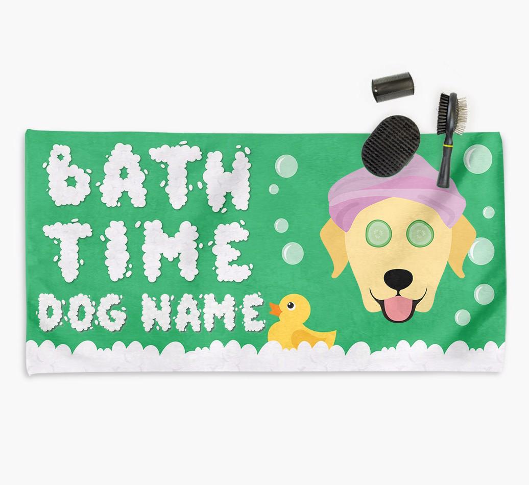 'Bubble Bath Time' Personalised Dog Towel for your {breedCommonName}