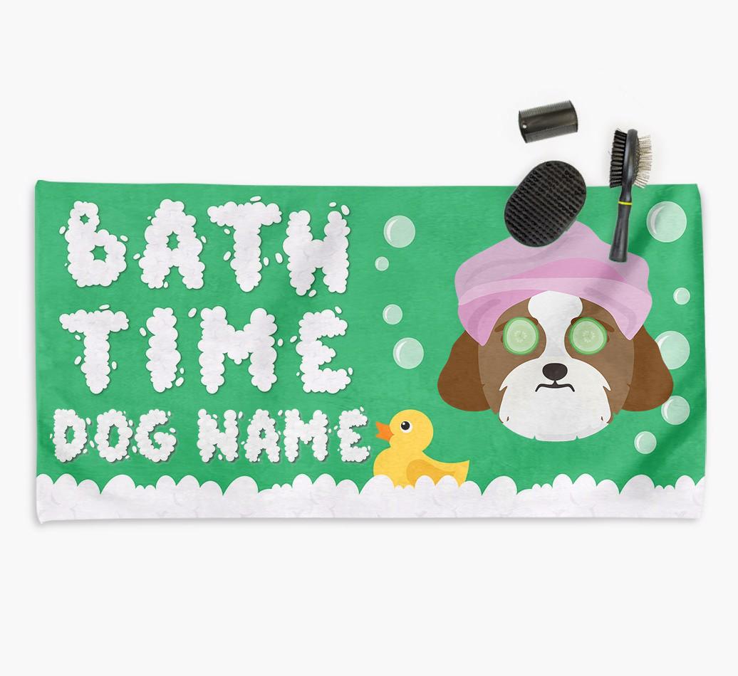 'Bubble Bath Time' Personalised Dog Towel for your {breedCommonName}