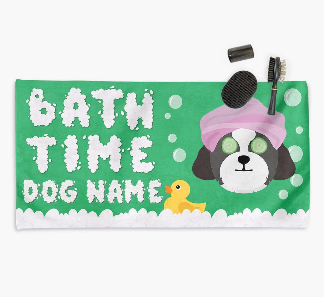 'Bubble Bath Time' Personalised Dog Towel for your {breedCommonName}