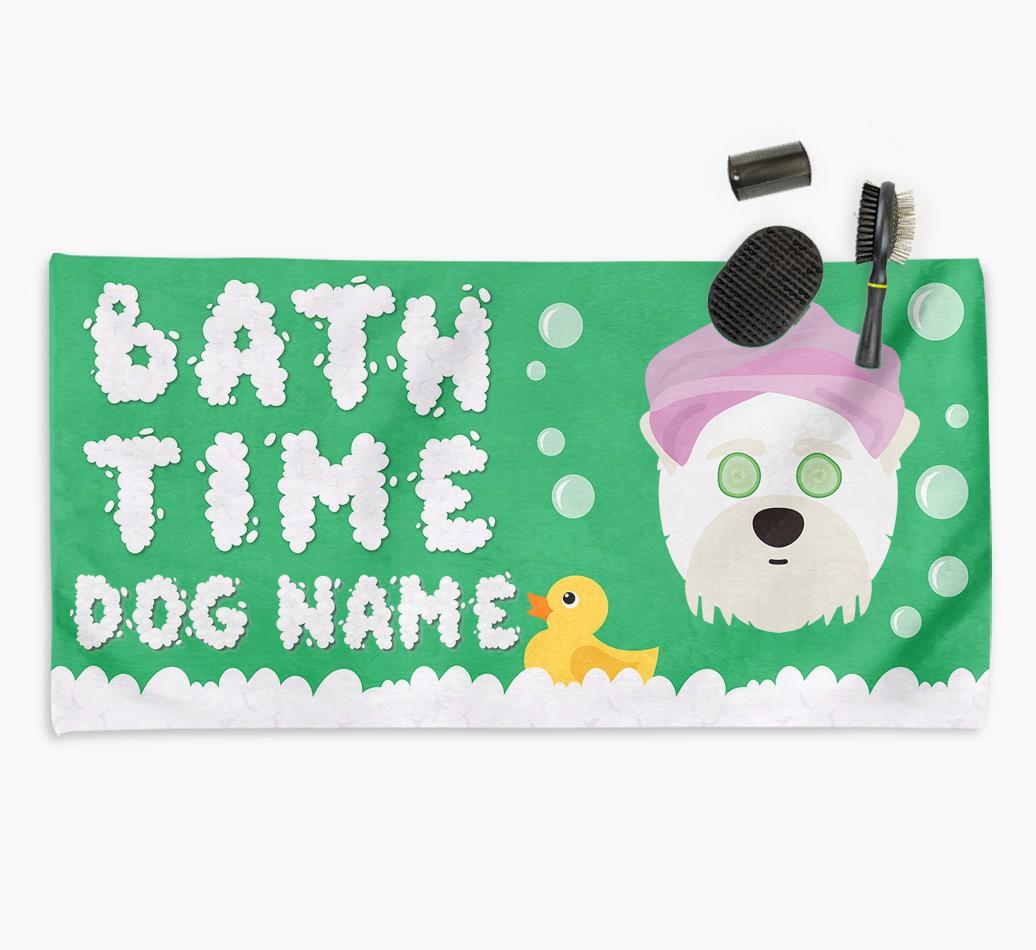 'Bubble Bath Time' Personalised Dog Towel for your {breedCommonName}