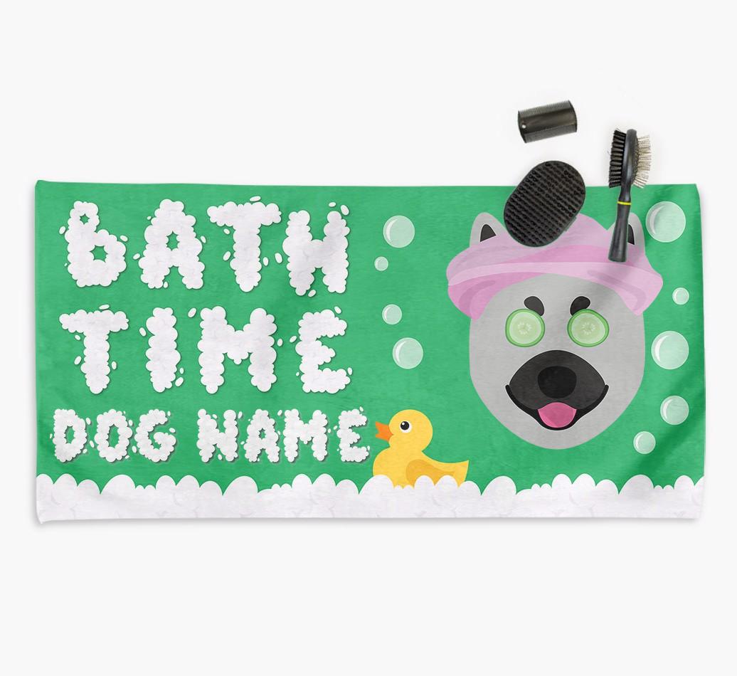 'Bubble Bath Time' Personalised Dog Towel for your {breedCommonName}