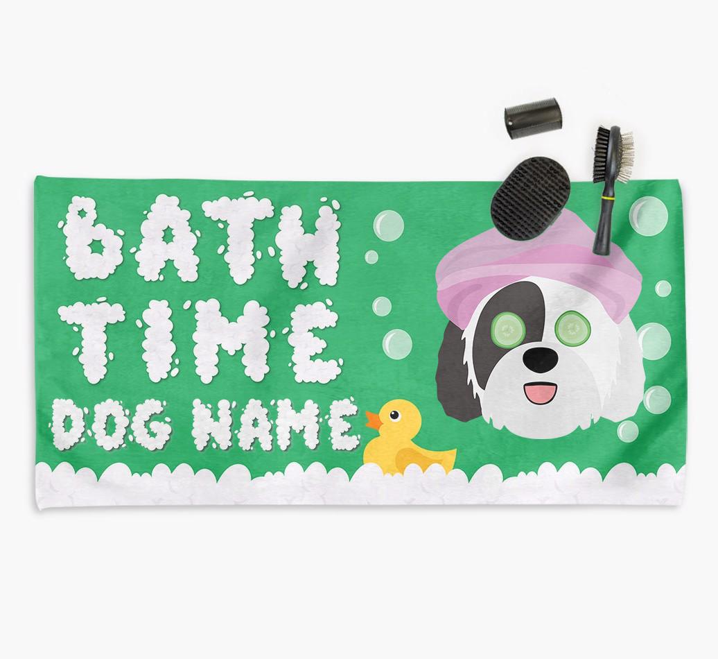 'Bubble Bath Time' Personalised Dog Towel for your {breedCommonName}