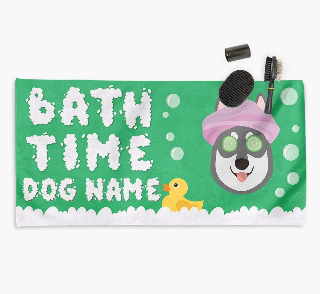 'Bubble Bath Time' Personalised Dog Towel for your {breedCommonName}
