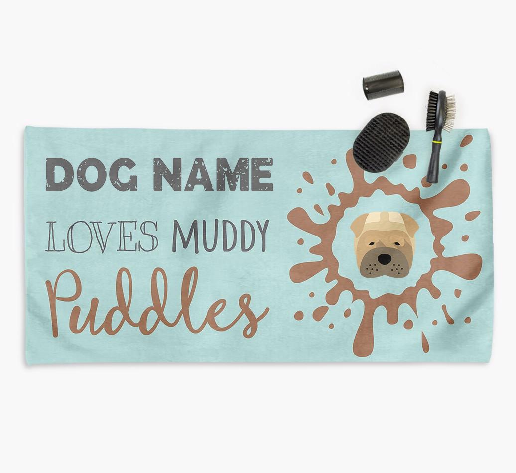 'Muddy Puddles' Personalised Dog Towel for your {breedCommonName}