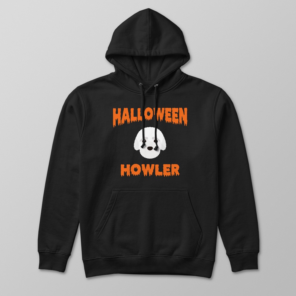 Dog wearing Halloween Howler hoodie with personalised Yappicon