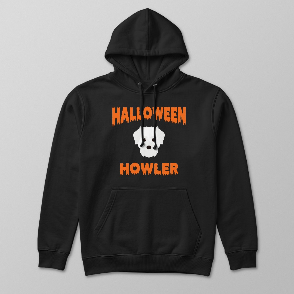 Dog wearing Halloween Howler hoodie with personalised Yappicon