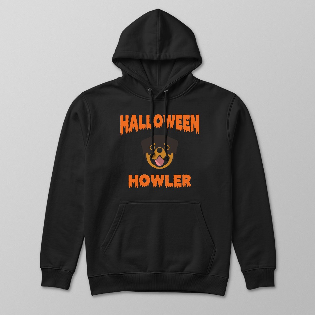Dog wearing Halloween Howler hoodie with personalised Yappicon