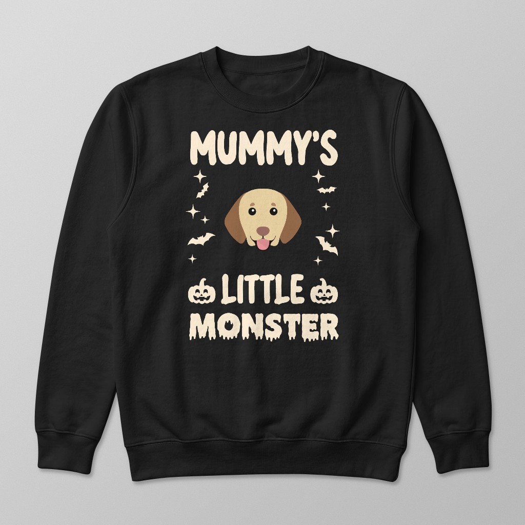 Dog sweatshirt featuring 'Mummy's Little Monster' text with pumpkins, bats and personalised Yappicon