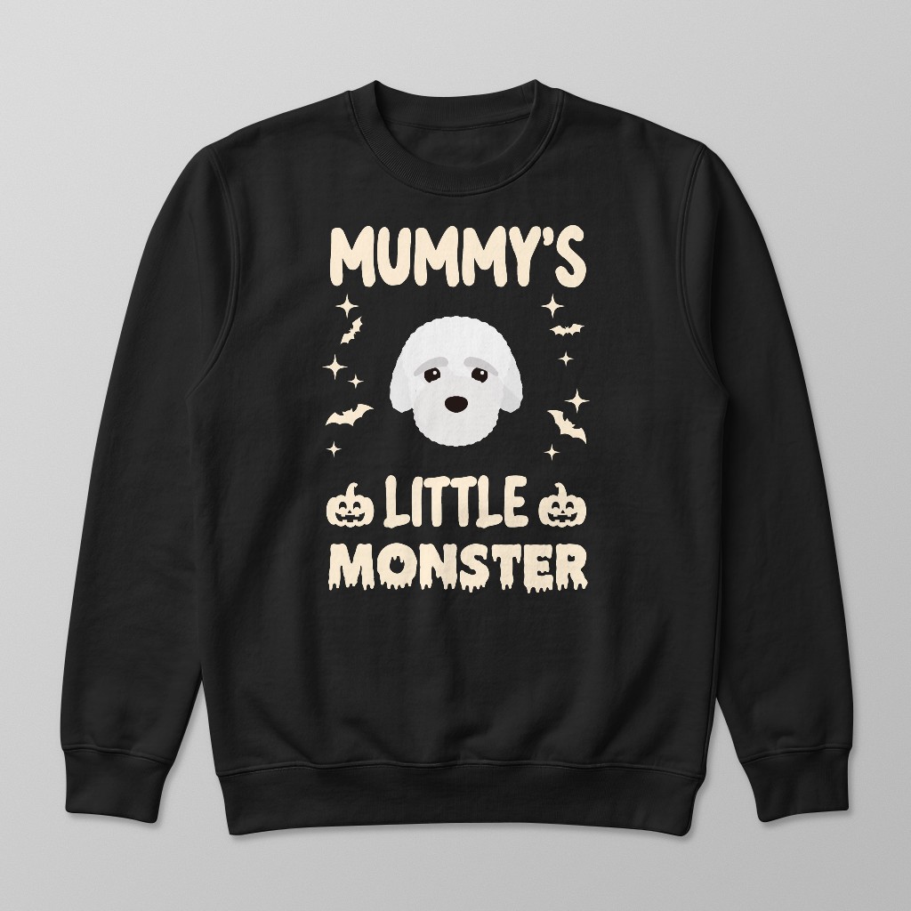 Dog sweatshirt featuring 'Mummy's Little Monster' text with pumpkins, bats and personalised Yappicon