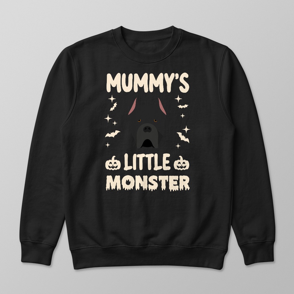 Dog sweatshirt featuring 'Mummy's Little Monster' text with pumpkins, bats and personalised Yappicon