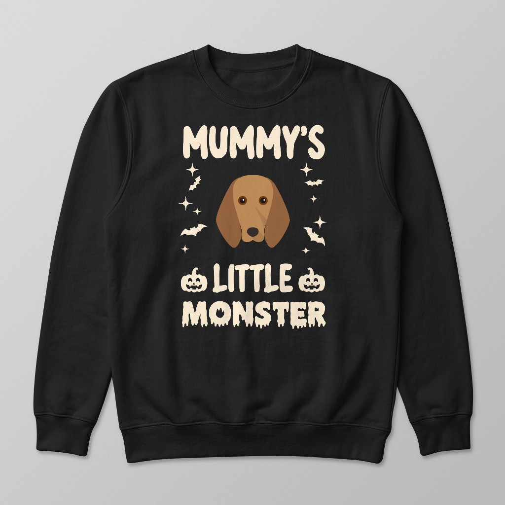 Dog sweatshirt featuring 'Mummy's Little Monster' text with pumpkins, bats and personalised Yappicon