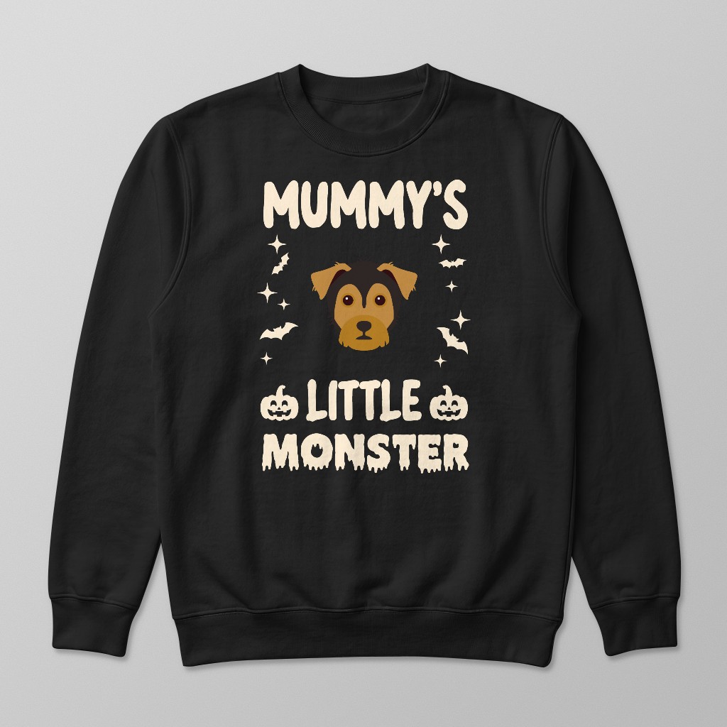 Dog sweatshirt featuring 'Mummy's Little Monster' text with pumpkins, bats and personalised Yappicon