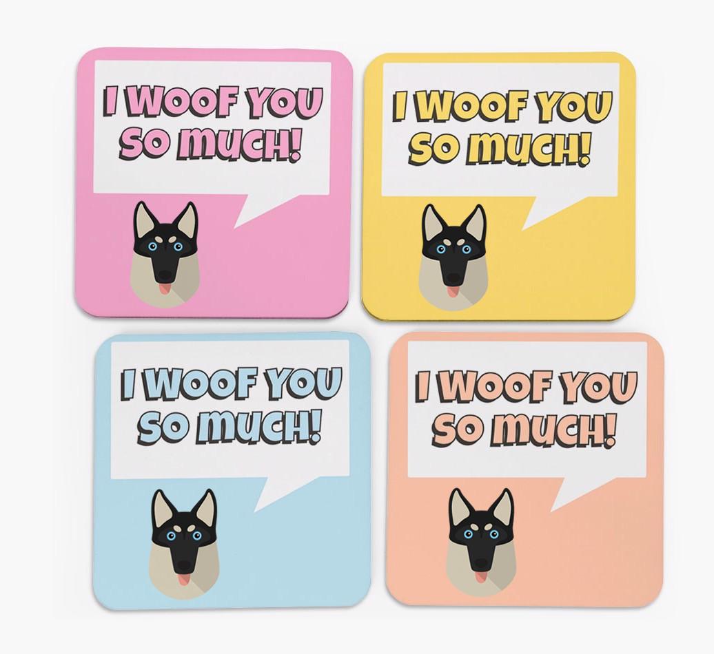 'I Woof You So Much' Design with {breedFullName} Icon Coasters - Set of 4
