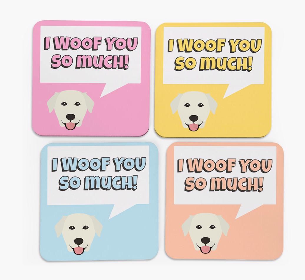 'I Woof You So Much' Design with {breedFullName} Icon Coasters - Set of 4