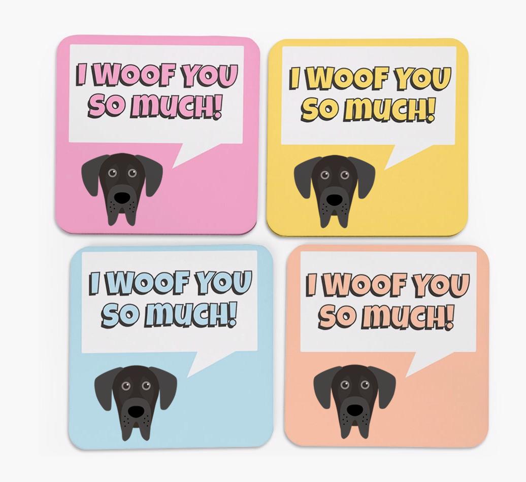 'I Woof You So Much' Design with {breedFullName} Icon Coasters - Set of 4